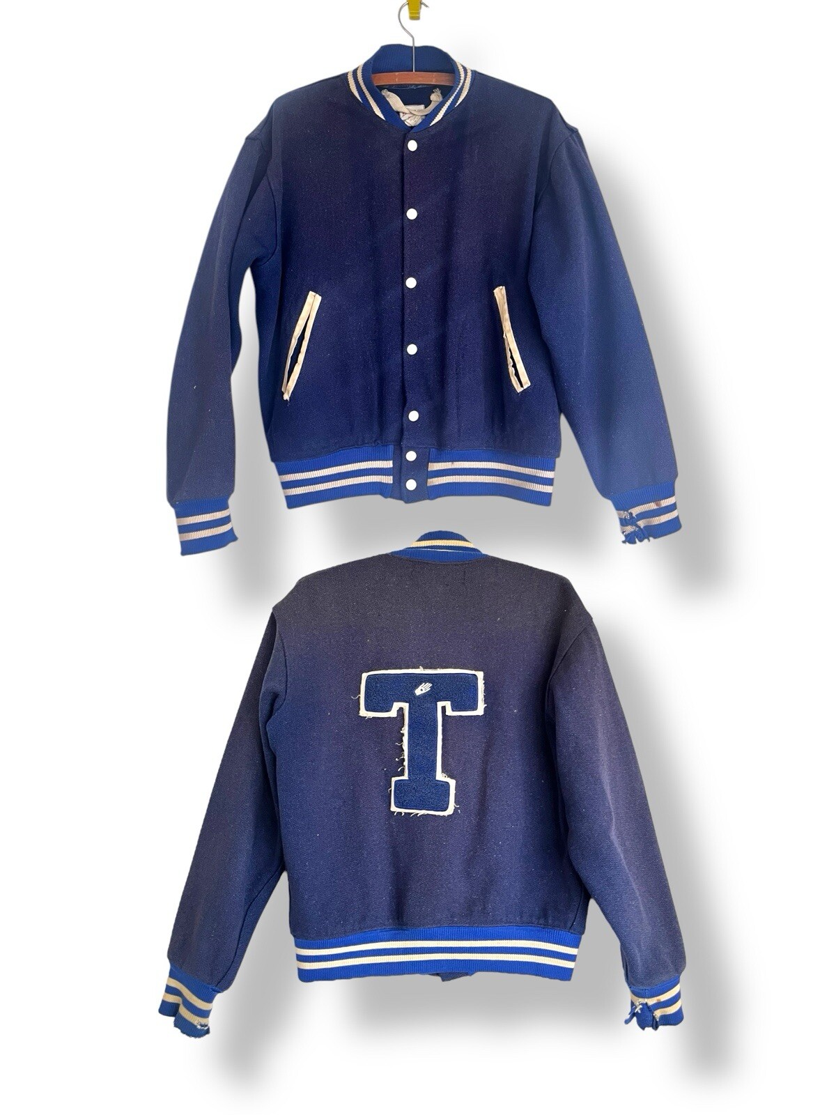 Vintage 1950s FELCO Reprocessed Wool Blue Snap Letterman Jacket “T” Patch Mens M