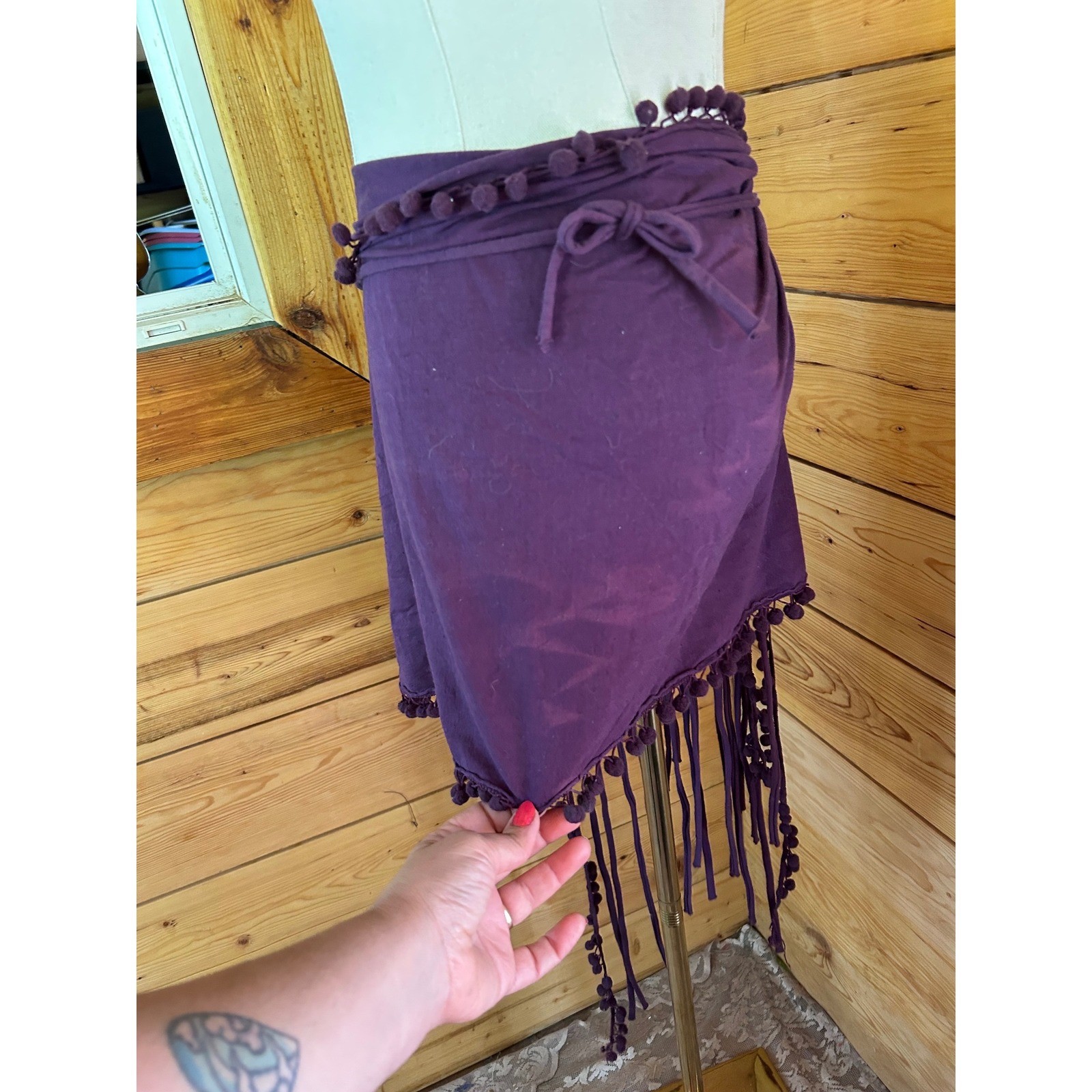 Vintage Purple Convertible Multiway Wrap Top Skirt Scarf Boho Pom Pom Fringe Fes