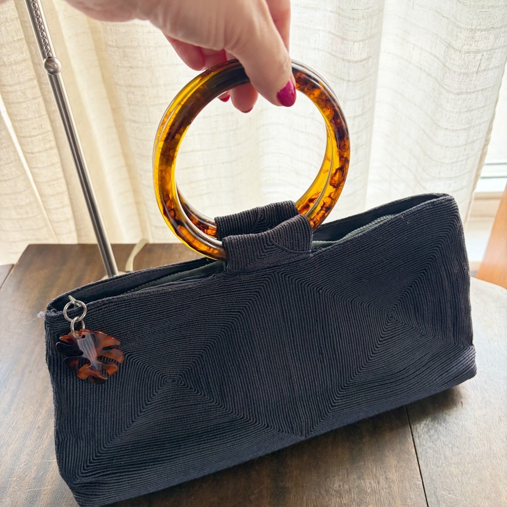 Black Cordé 1940s Vintage Purse with Tortoise Shell Handles