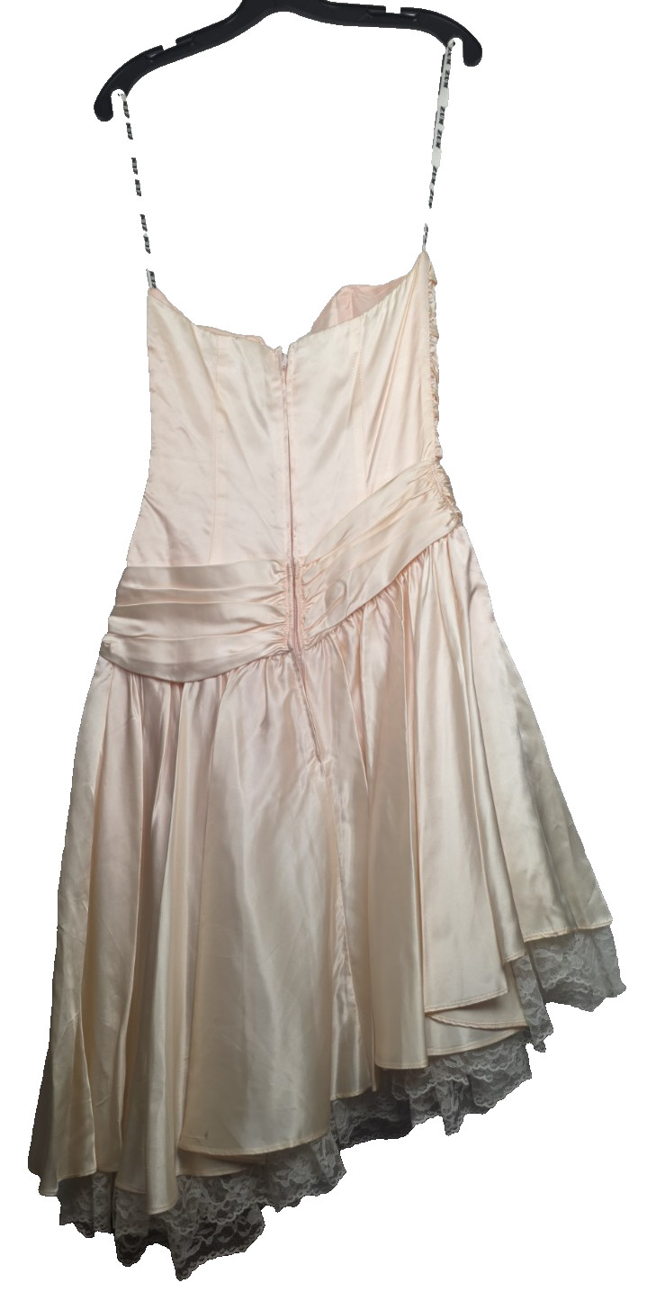 VTG 80s Zum Zum Pink Lace Jacquard Strapless Corset Prom Dress Asymmetrical Tier
