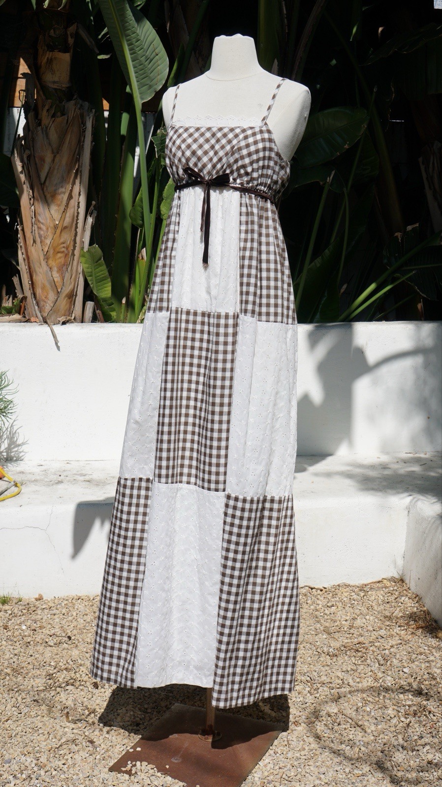 vintage 1970s boho Gingham dress Cottage Core Cotton Maxi Dress S