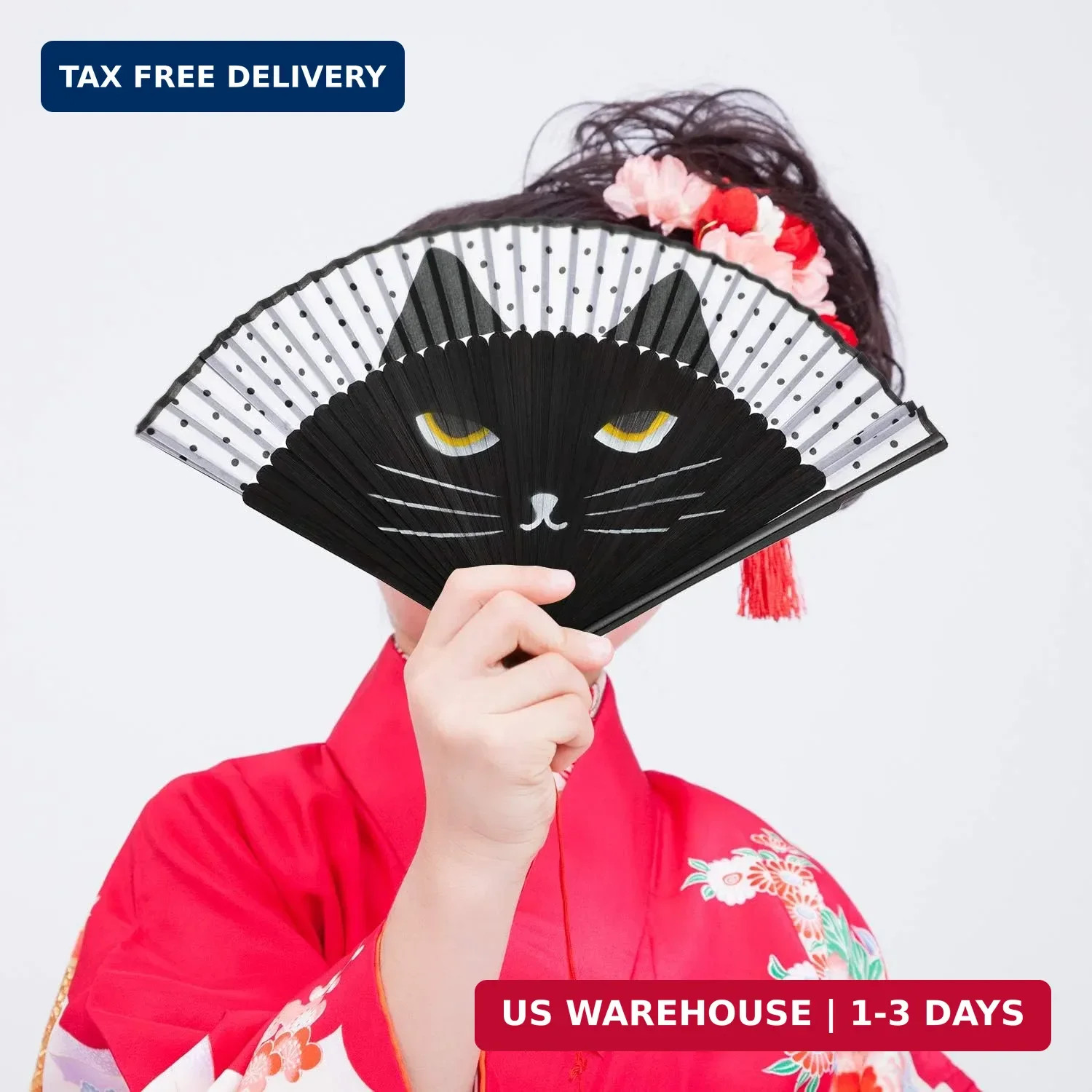 2 Pieces Cartoon Cat Hand Fans Folding Hand Held Fan Women Black Cat Silk Foldab