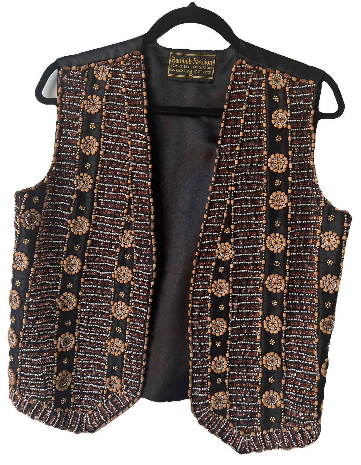 Vintage Beaded Silk Vest Womens Small Black Boho Festival India Embellished