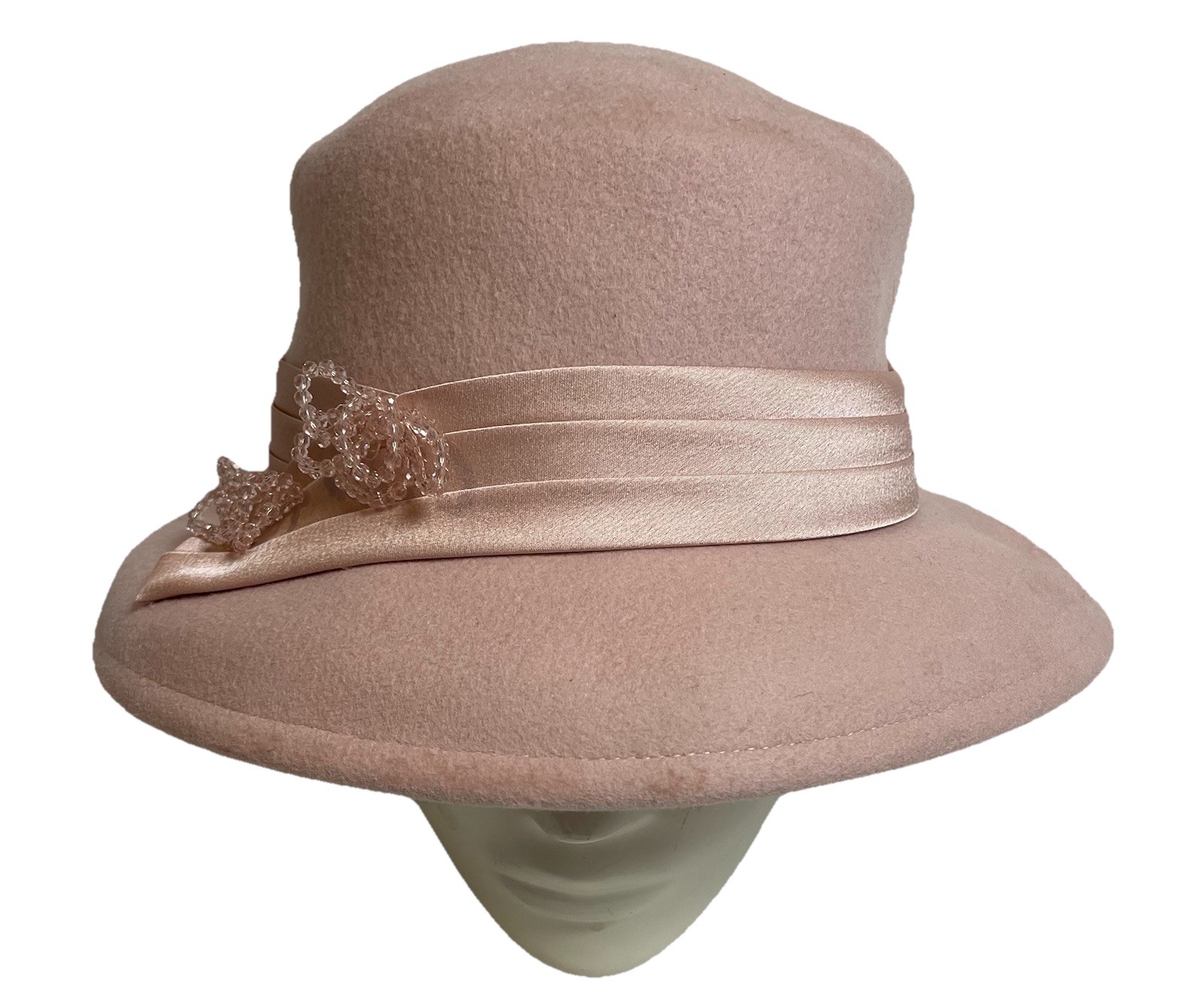 Wool Cloche Hat Womens OS Pink Satin Band Beaded Bow Classic