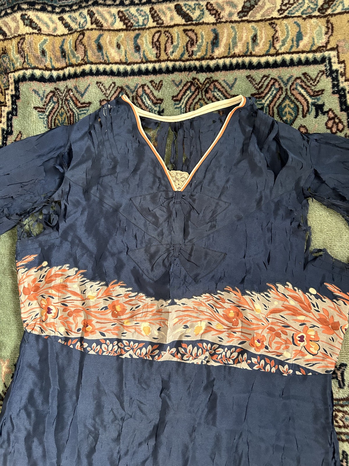 Vintage Antique 1920s Pleated Silk Flapper Dress As Is – Hand applique Blue