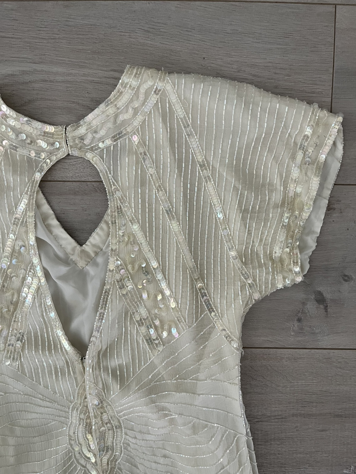 Womens Vintage Silk NEIMAN MARCUS Ivory Art Deco Cocktail Party Sequin Dress, S