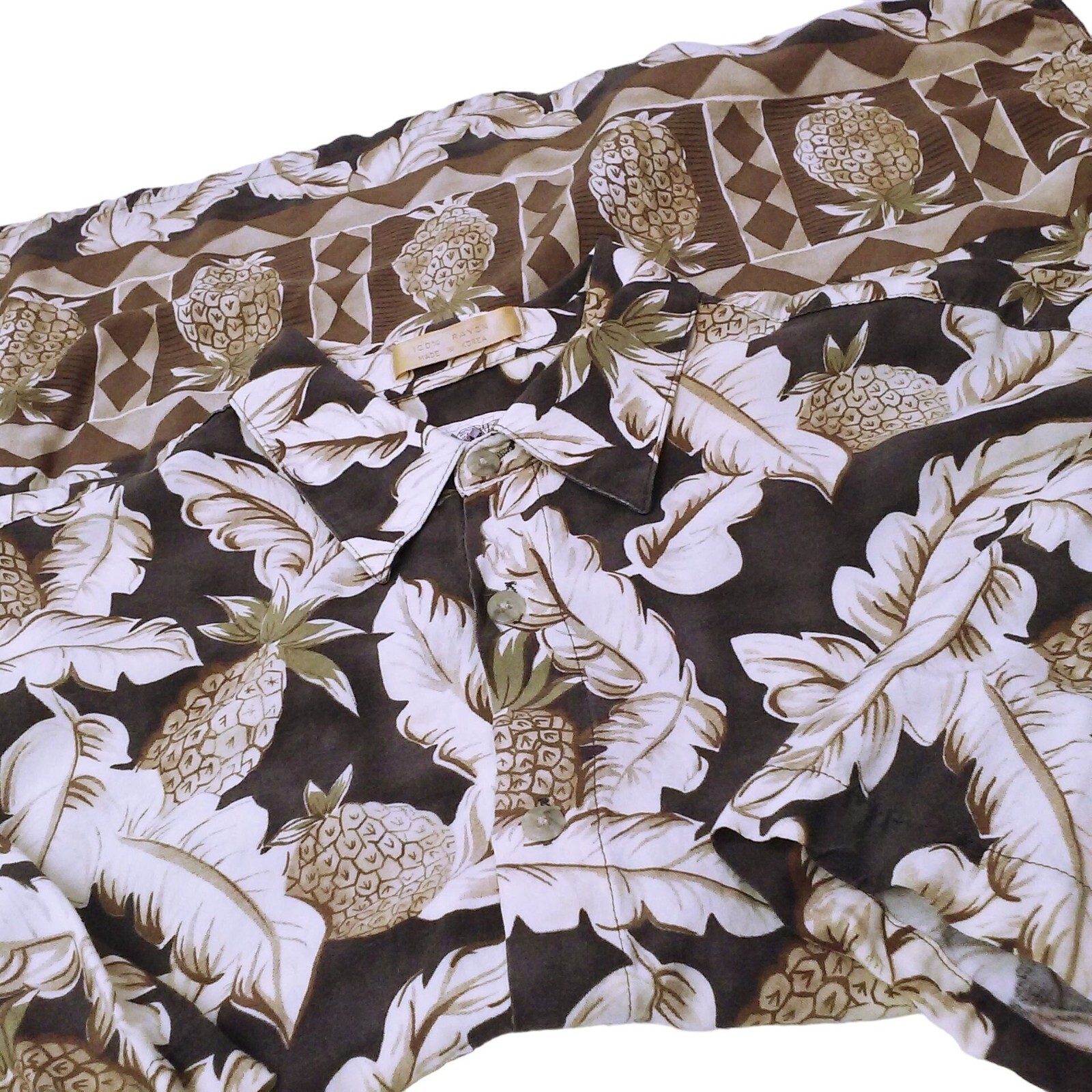 Vintage 80s Campia Moda Korea-Made Rayon Aloha Shirt -L Tropical Pineapple Palm