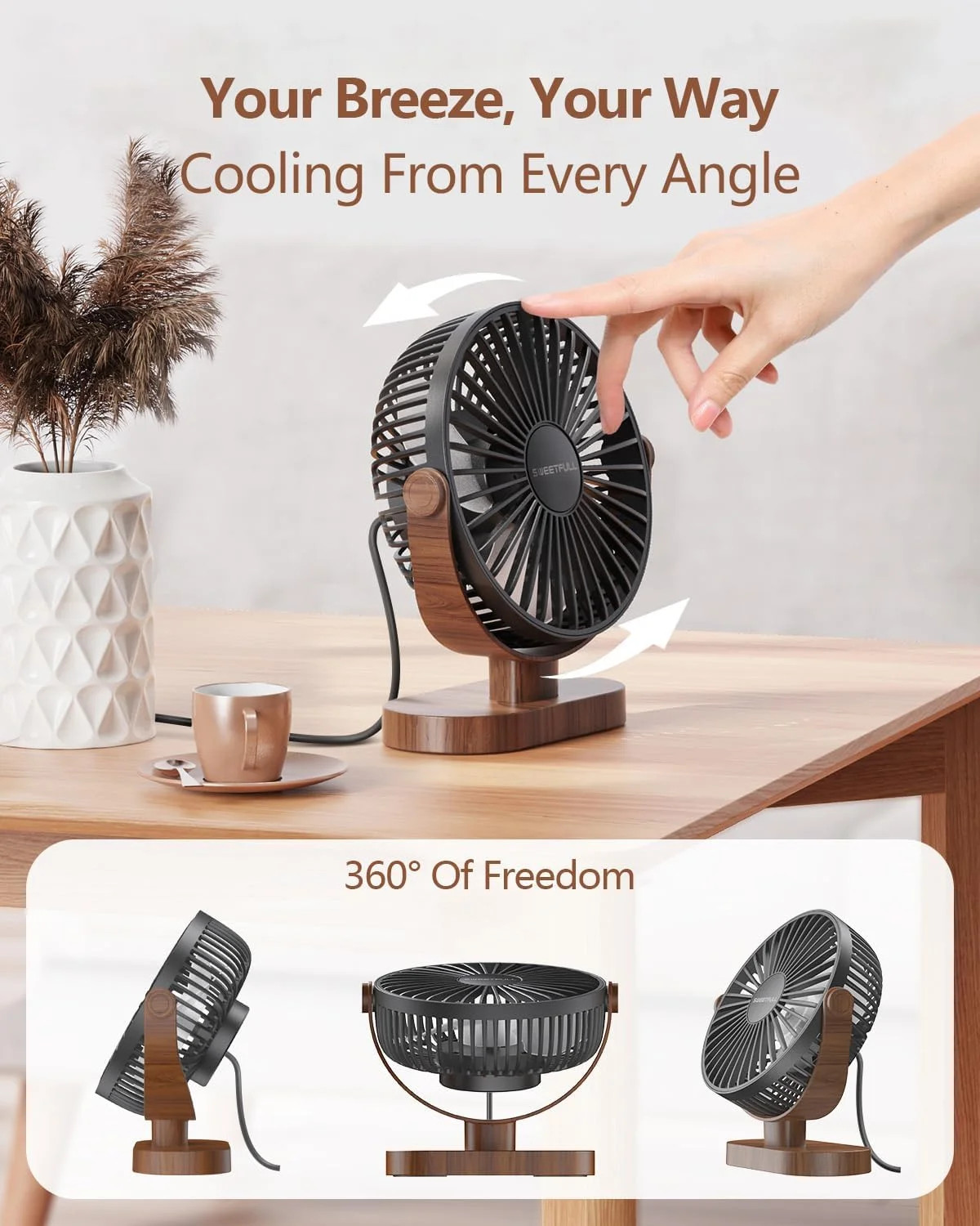 SWEETFULL 6.5 Inch USB Desk Fan 3 Speed Quiet Portable Desktop Personal Fan