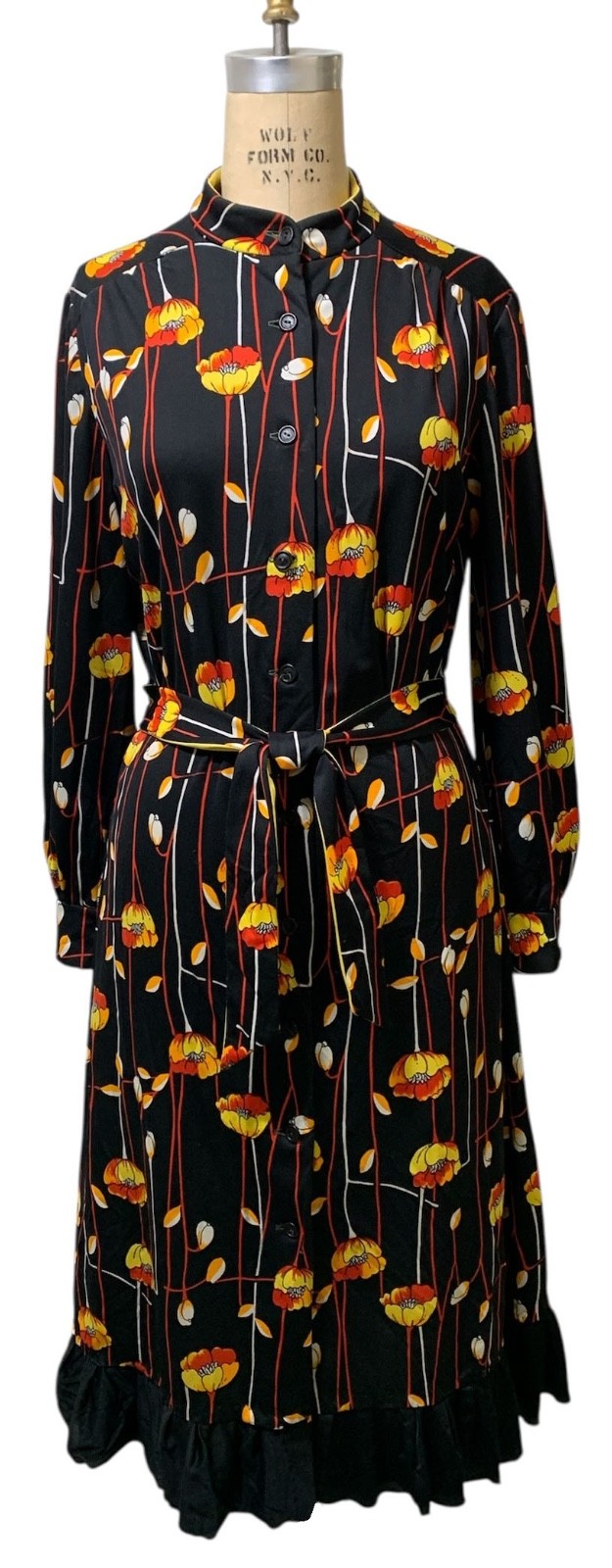 Vintage 70s Women’s LS Black Polyester Knit Floral Stripe Shirtwaist Dress Sz L