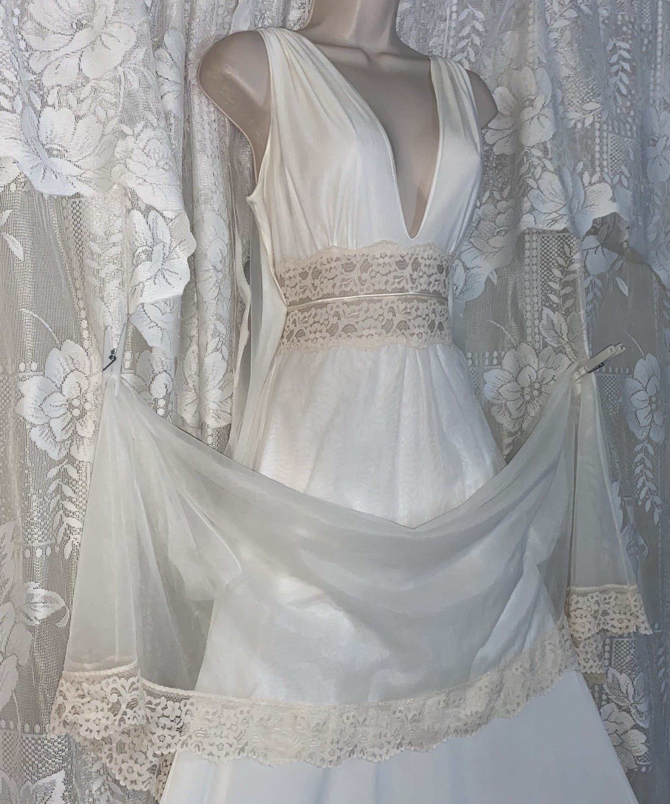 VTG M L INTIME Bridal Ivory Db Sheer Chiffon Peignoir Robe Nightgown Gown Set