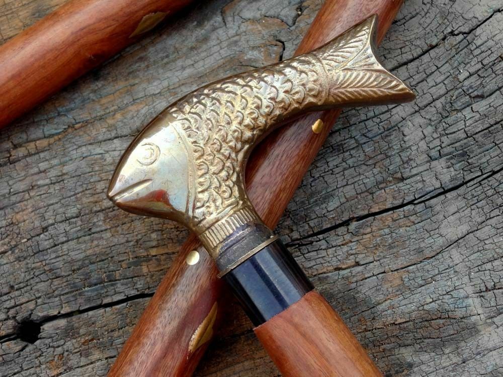Antique Walking Stick Fish Head Designer Brass Handle Wood Cane Vintage Deco New