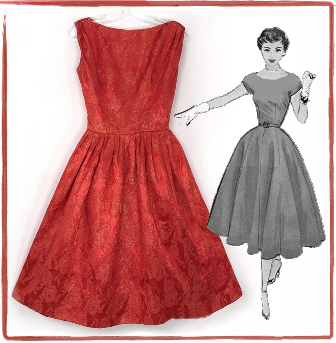 Vintage 50’s Gigi Young red rose brocade swing dress party holiday 6 8 (12)