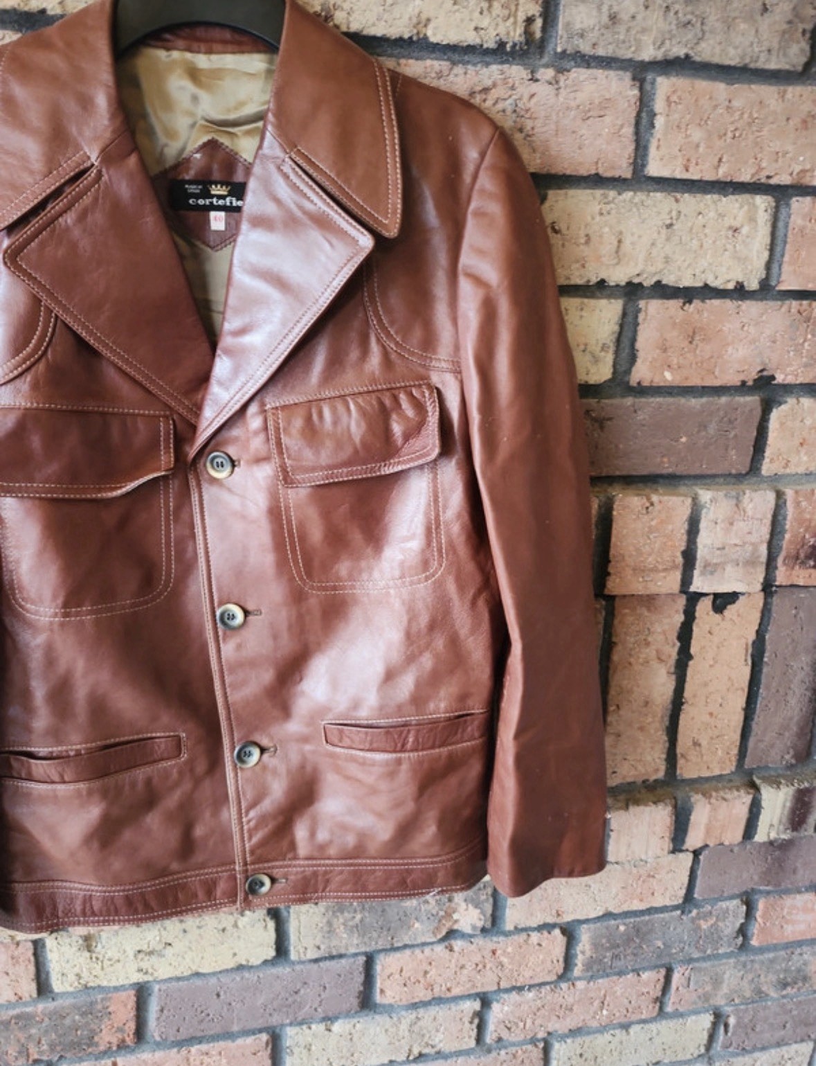 Cortefiel Men’s Brown Leather Basic Jacket Size 40 Brown Leather Made in Spain