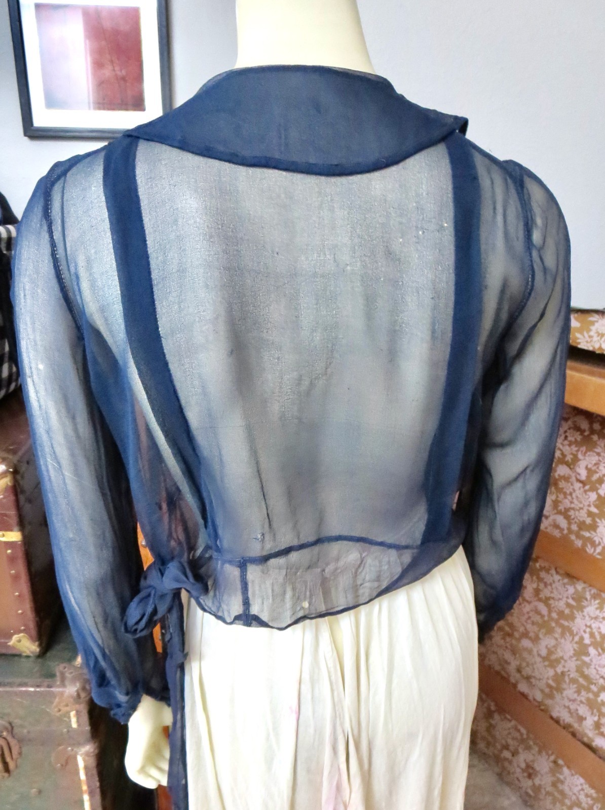 1920s Blue Sheer Crepe Silk Cranberry Red Beaded Flapper Blouse AS IS