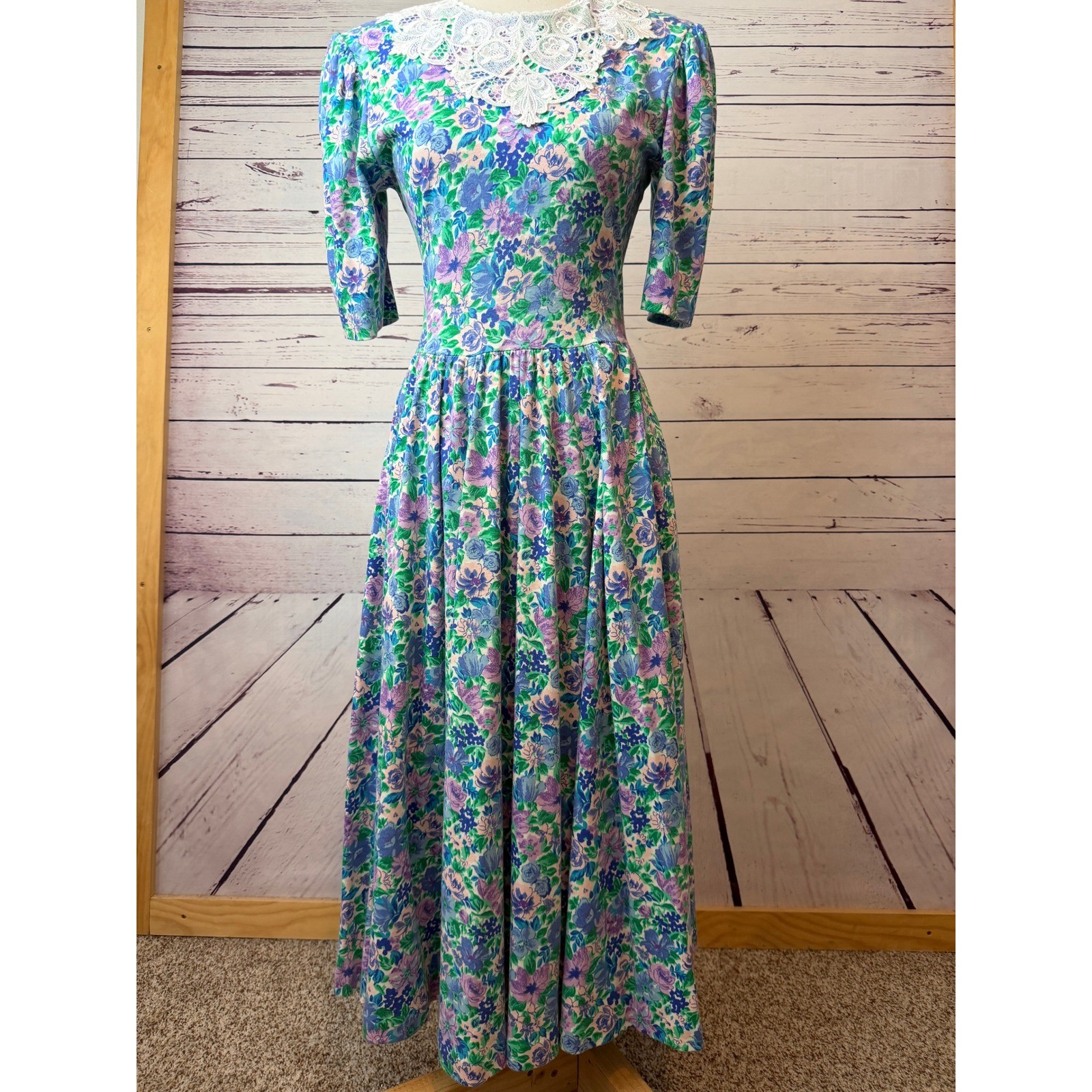 Expo Floral Dress 8 Vintage 80s USA Cottagecore Cottage Prairie Lace Shabby MIdi