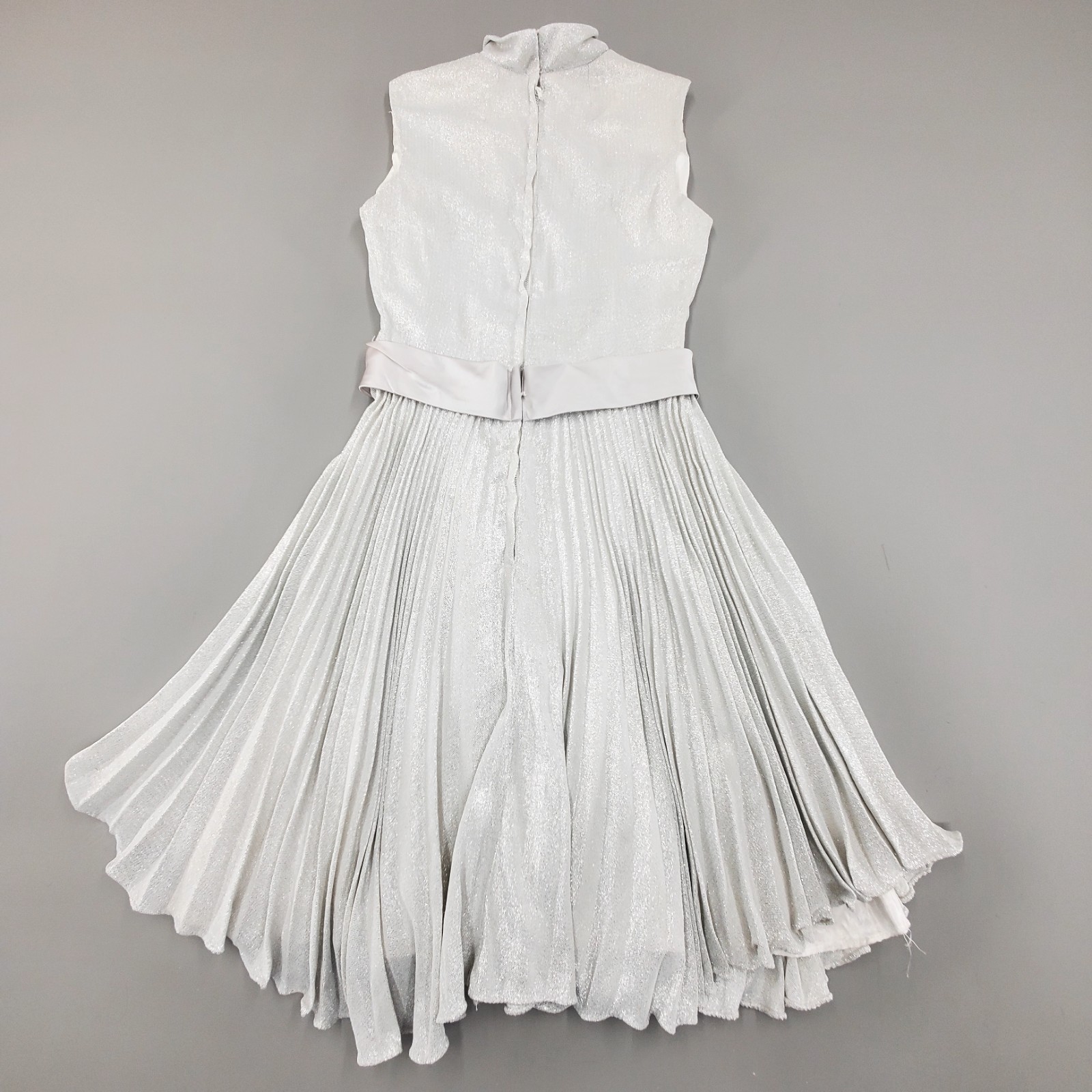 60s Vintage Party Dress Pleated Bow GO GO Mod Silver Lurex Sparkle Mini Retro