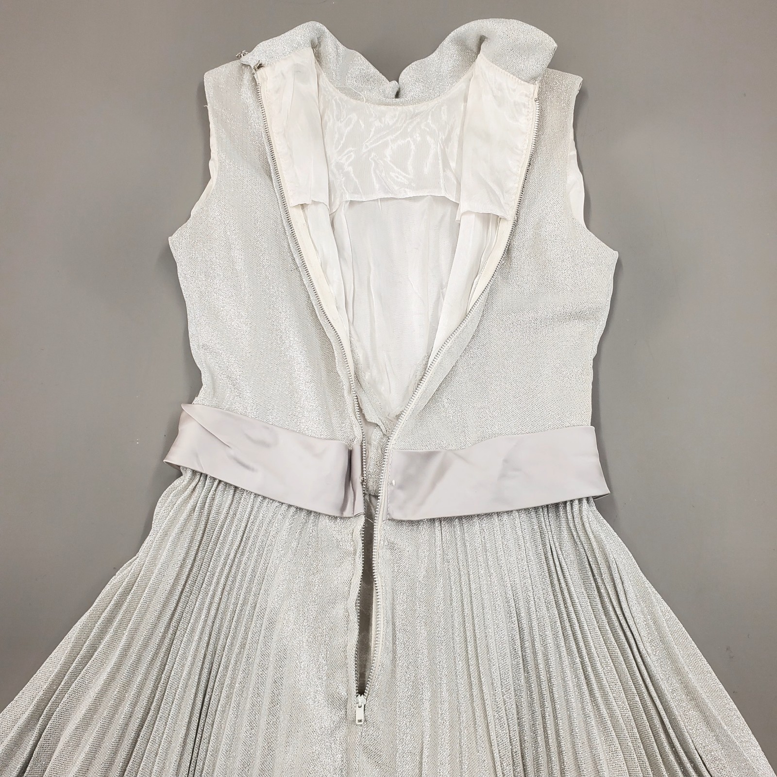 60s Vintage Party Dress Pleated Bow GO GO Mod Silver Lurex Sparkle Mini Retro