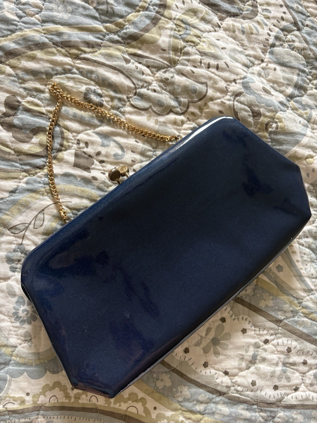 Navy Blue Designer Vintage Evening/Cocktail Clutch Purse w/ Gold Tone Strap