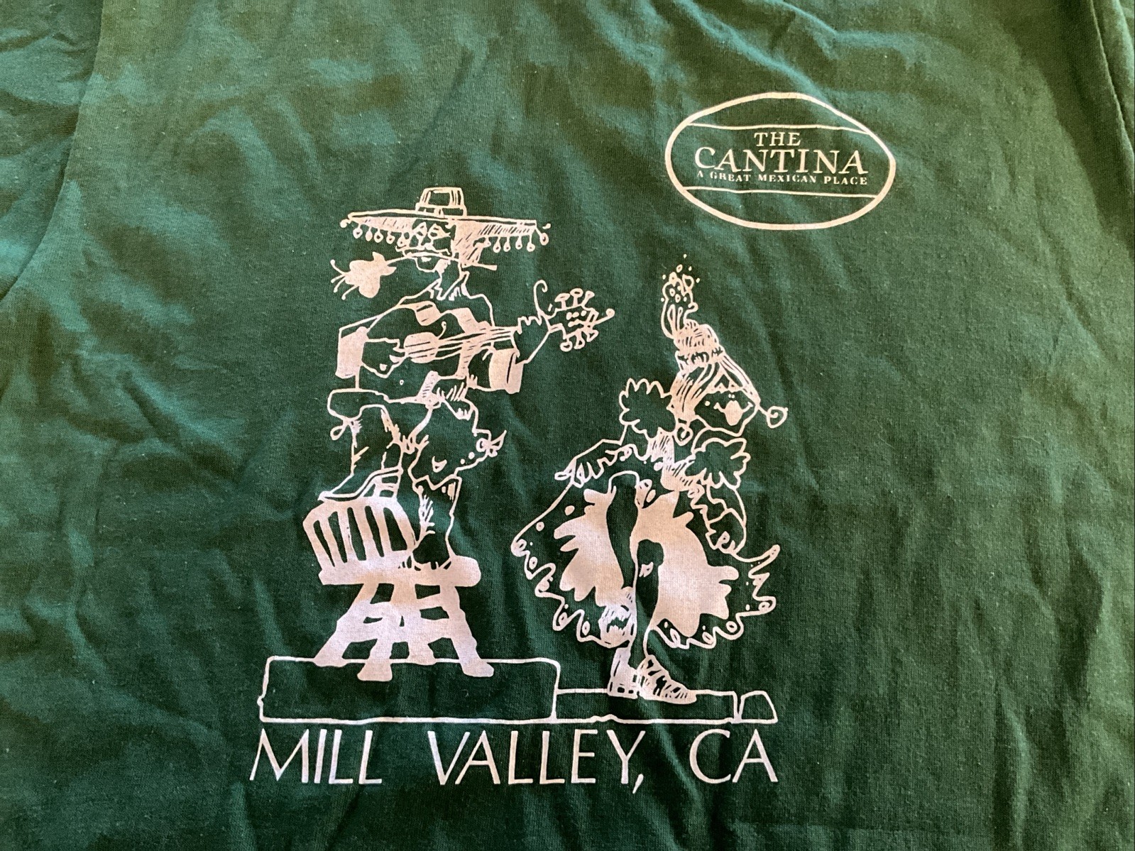 RARE!! VTG THE CANTINA MEXICAN MILL VALLEY CA. T-SHIRT Sz L COLOR GREEN