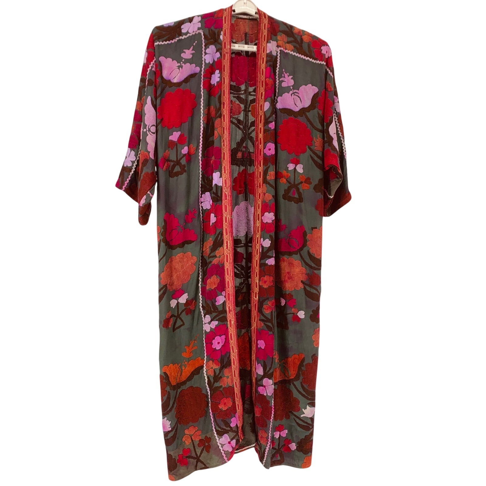 Vintage 1970s Afghani Robe Floral Embroidered Boho Duster Green Red size XL