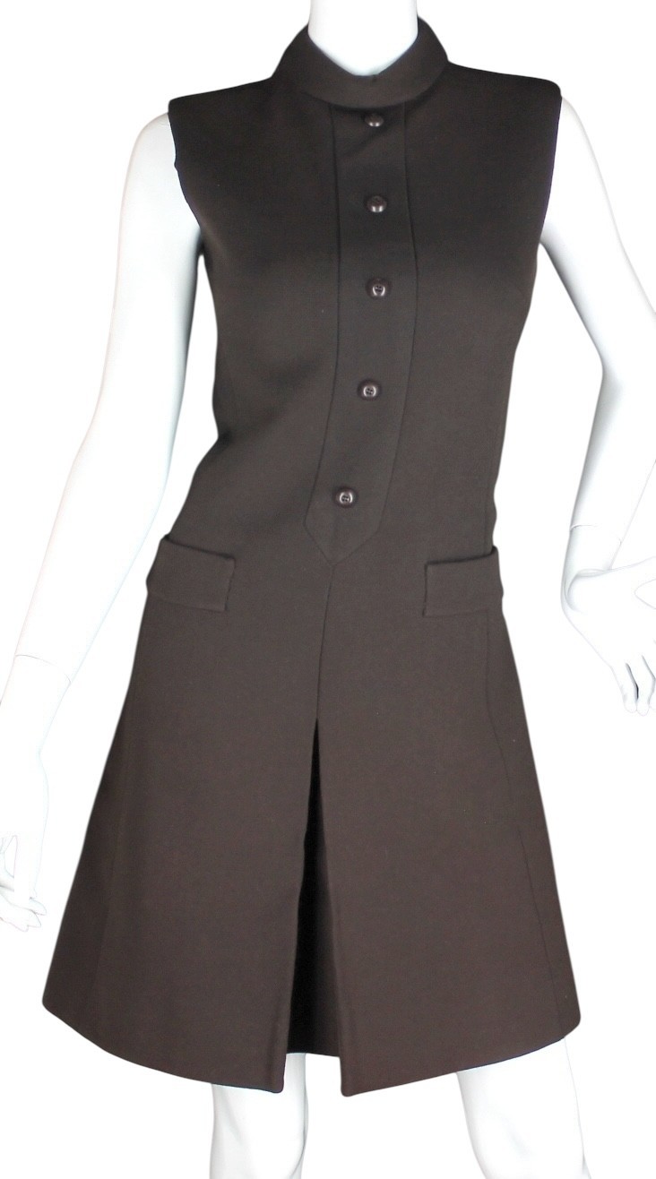 Brown Wool Vintage A-Line Dress sz. S – Brown Standing Collar Sleeveless 1960’s