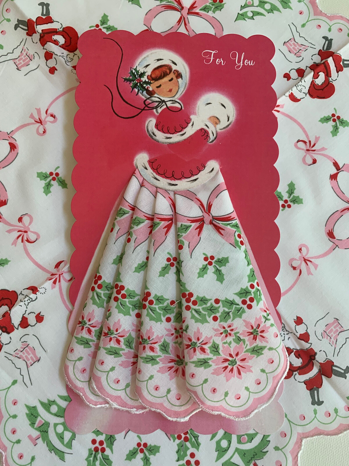 Darling New LuRay “Meri Christmas” Hankie Card ~ Mailable Handkerchief Keepsake