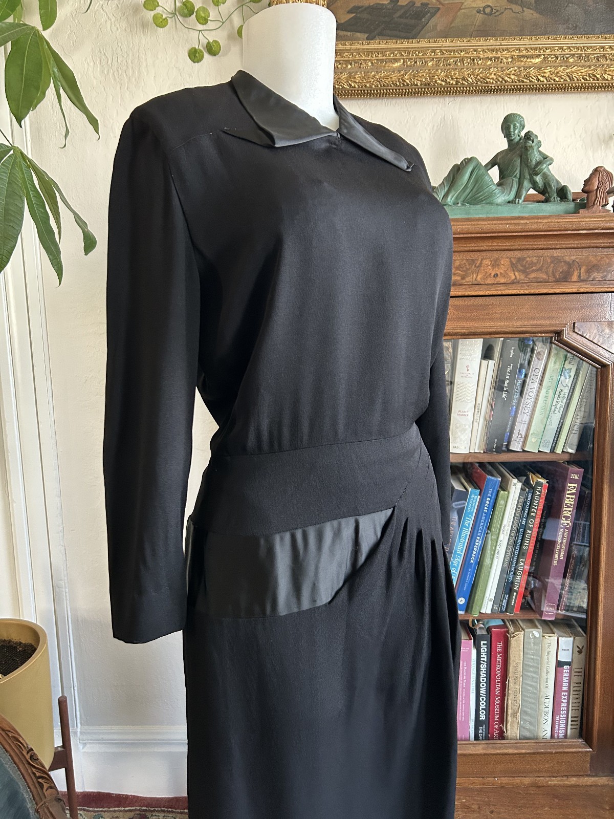 Vintage 1940s Black Satin & Rayon Cocktail Dress w/ Statment Collar Asymmetric M