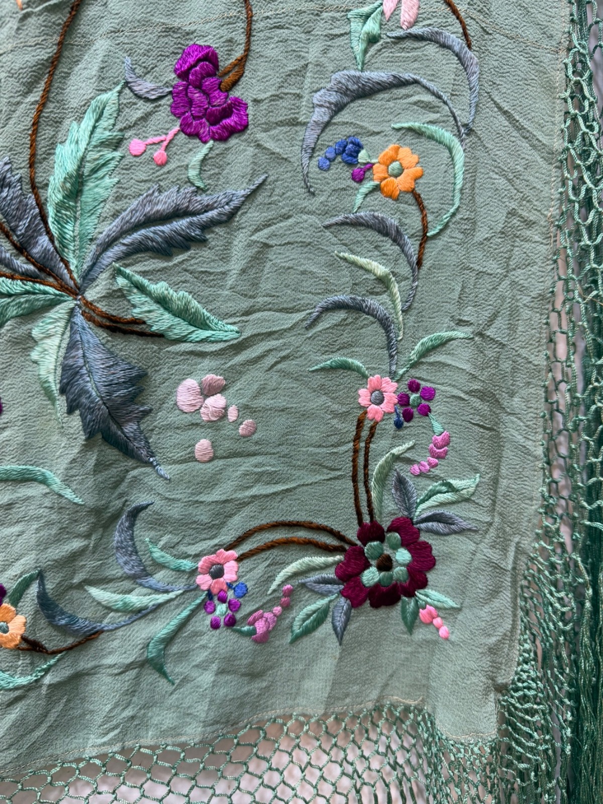 Vintage Manila Silk Embroidered Piano Scarf Shoulder Shawl 120×115 Cm