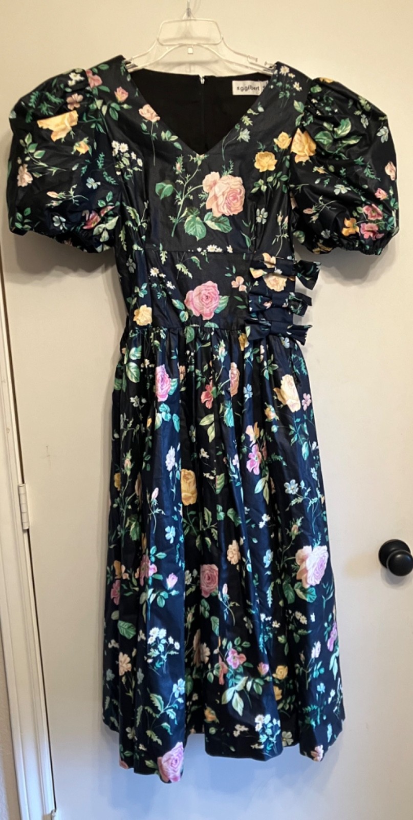 Vintage 80s Cottage Core Black Floral Prom Party Dress S G Gilbert –