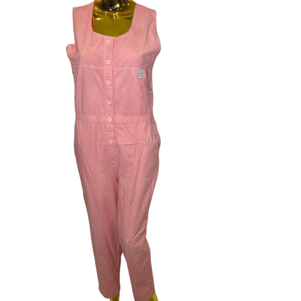 Vintage 90s Kidcore Pink Cotton Sleeveless Button Utility Jumpsuit Medium