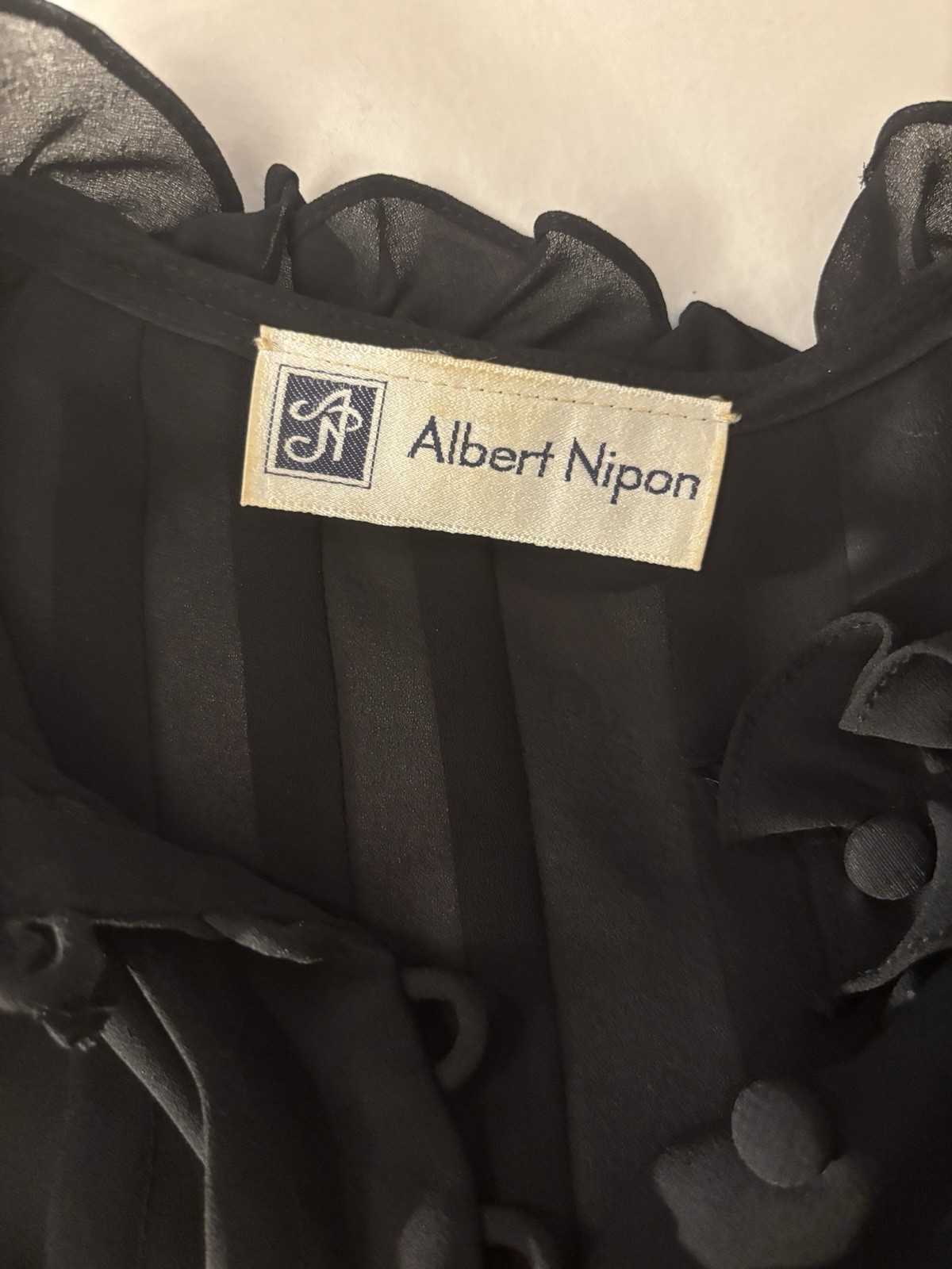 Albert Nipon Vintage 1980s Black Ruffled Pleated Silk Dress ILGWU Made in USA