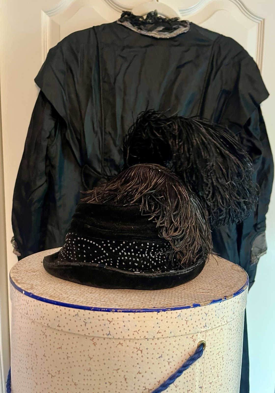 Antique 1917 Black Edwardian Satin Dress & Feathered Hat Set