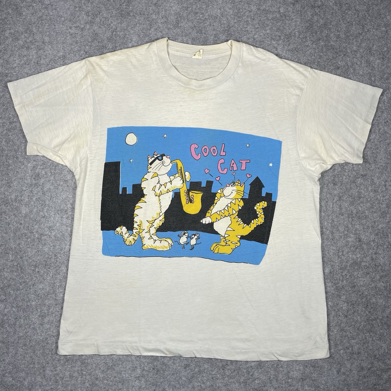 Vtg 80s Cool Cat Cartoon Saxophone T Shirt XL Screen Stars USA Retro Jazz Music