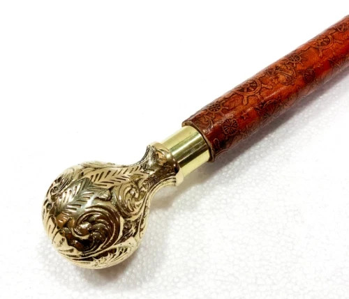 Antique Victorian Walking Stick Brass Handle Leather Cane Handmade 37 Inch New