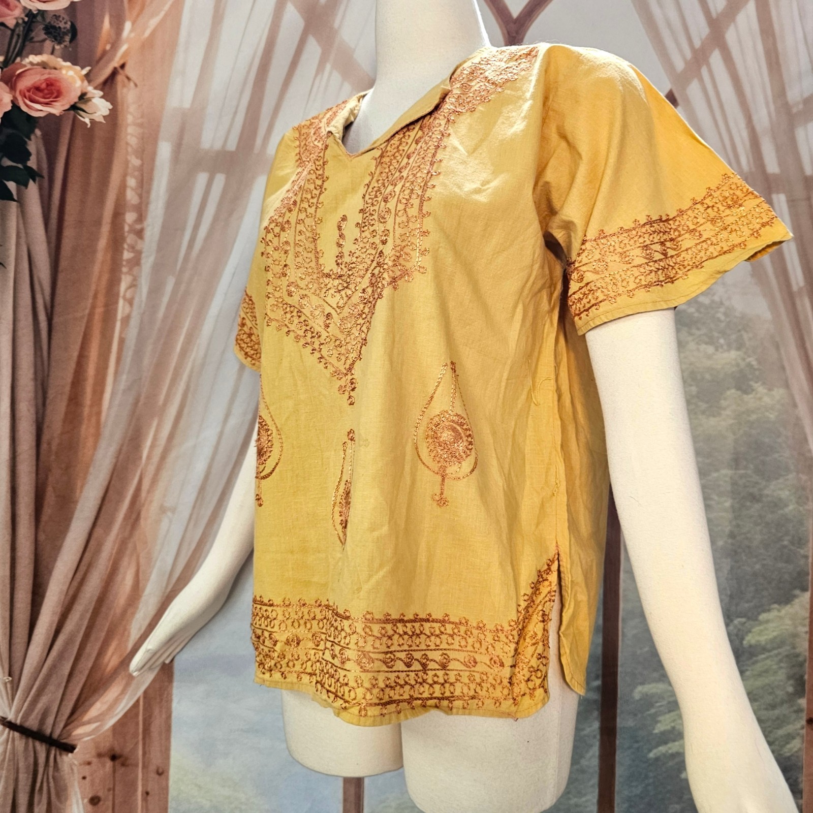 Vintage 1970s Blouse Top Shirt Mustard Yellow Embroidered India Short Sleeve