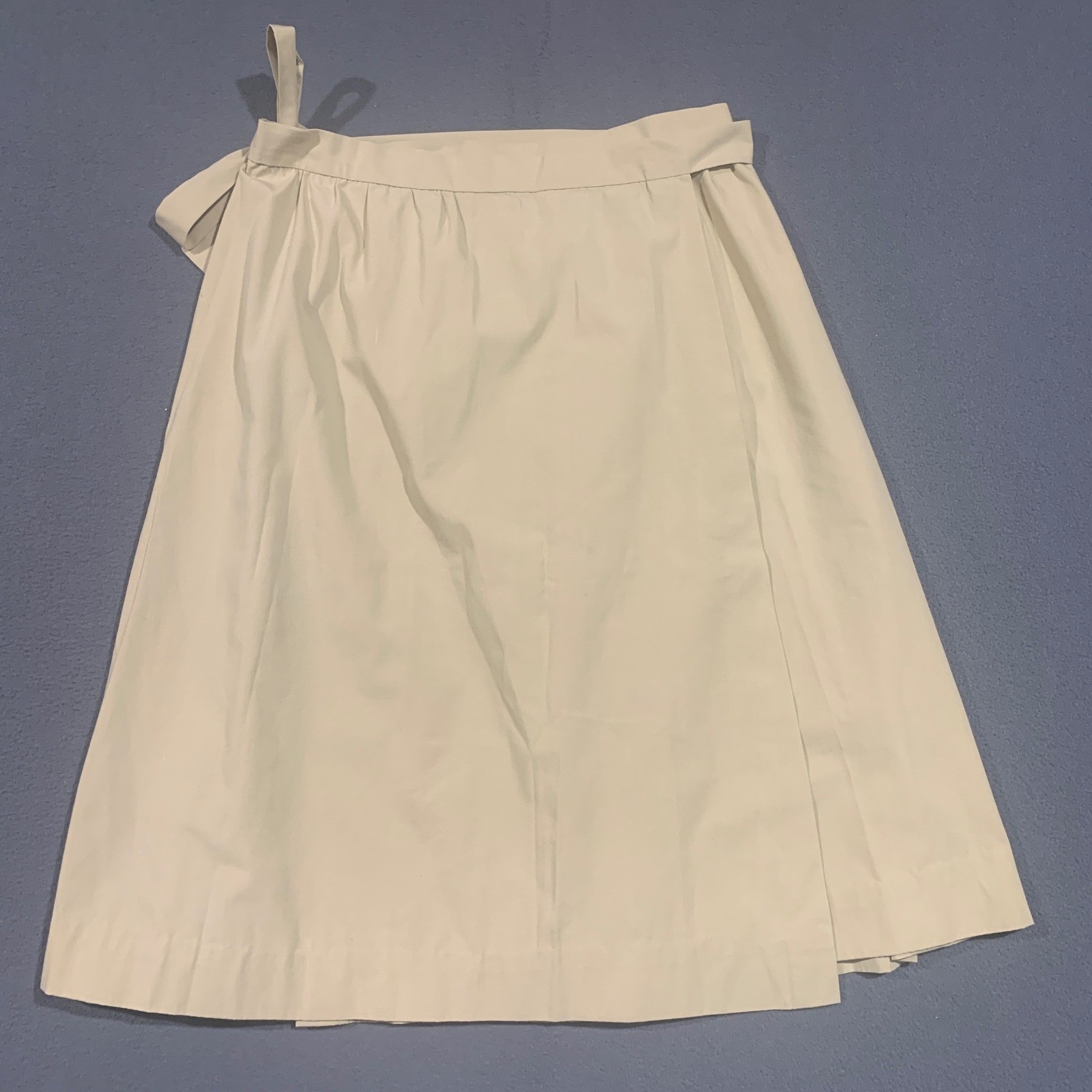 Vintage 60s Beige Cotton Wrap Midi Skirt A-Line Tie Waist Academia Tan M / L