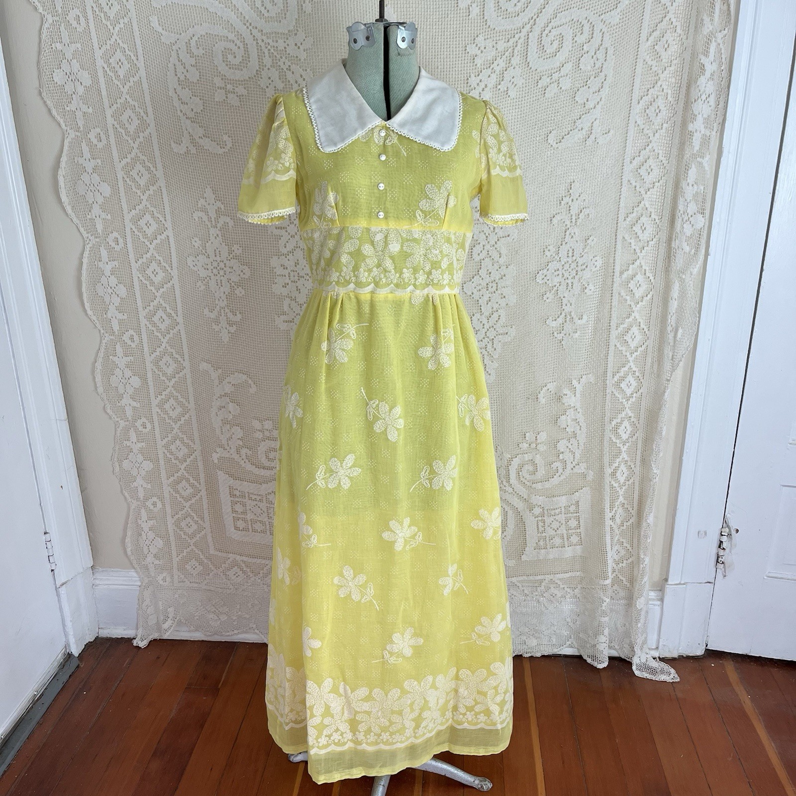 Vintage 1960s 1970s Peggy Barker Yellow Floral Shirt Dress Maxi Mod 60s 70s