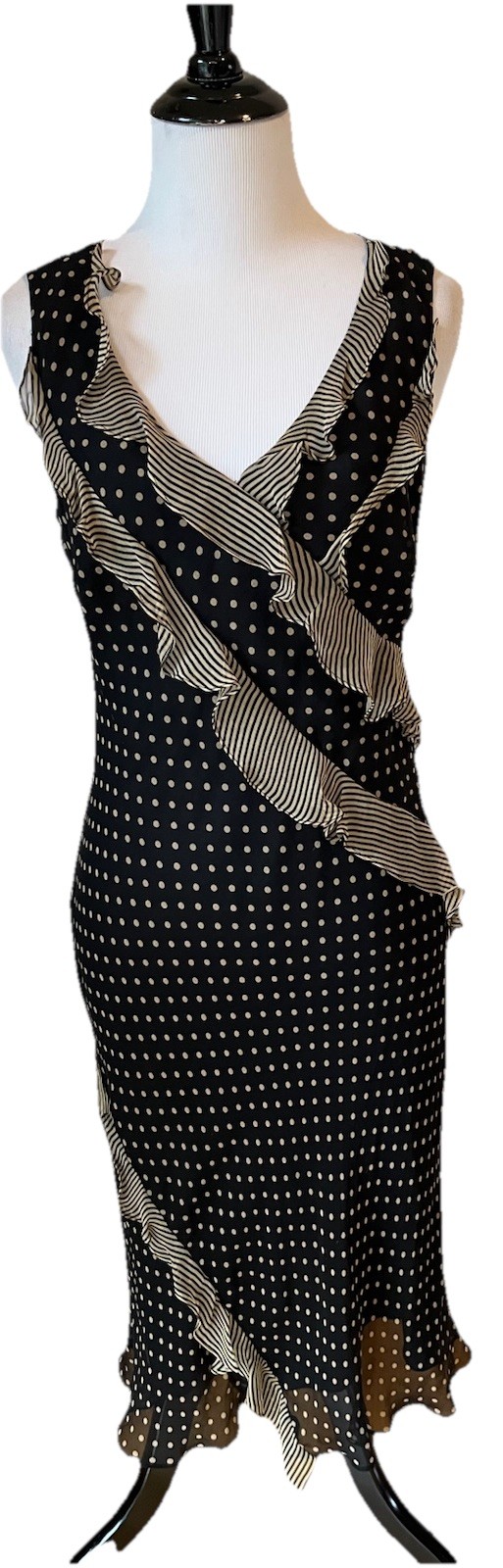 VTg Robbie Bee Silk Dress Size 8 Polka Dot Black Ruffle Fairy Romantic Y2K