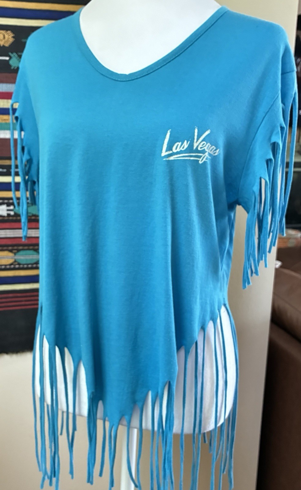 Vintage 80s 90s Las Vegas Teal Fringe Women’s T shirt Single Stitch size M