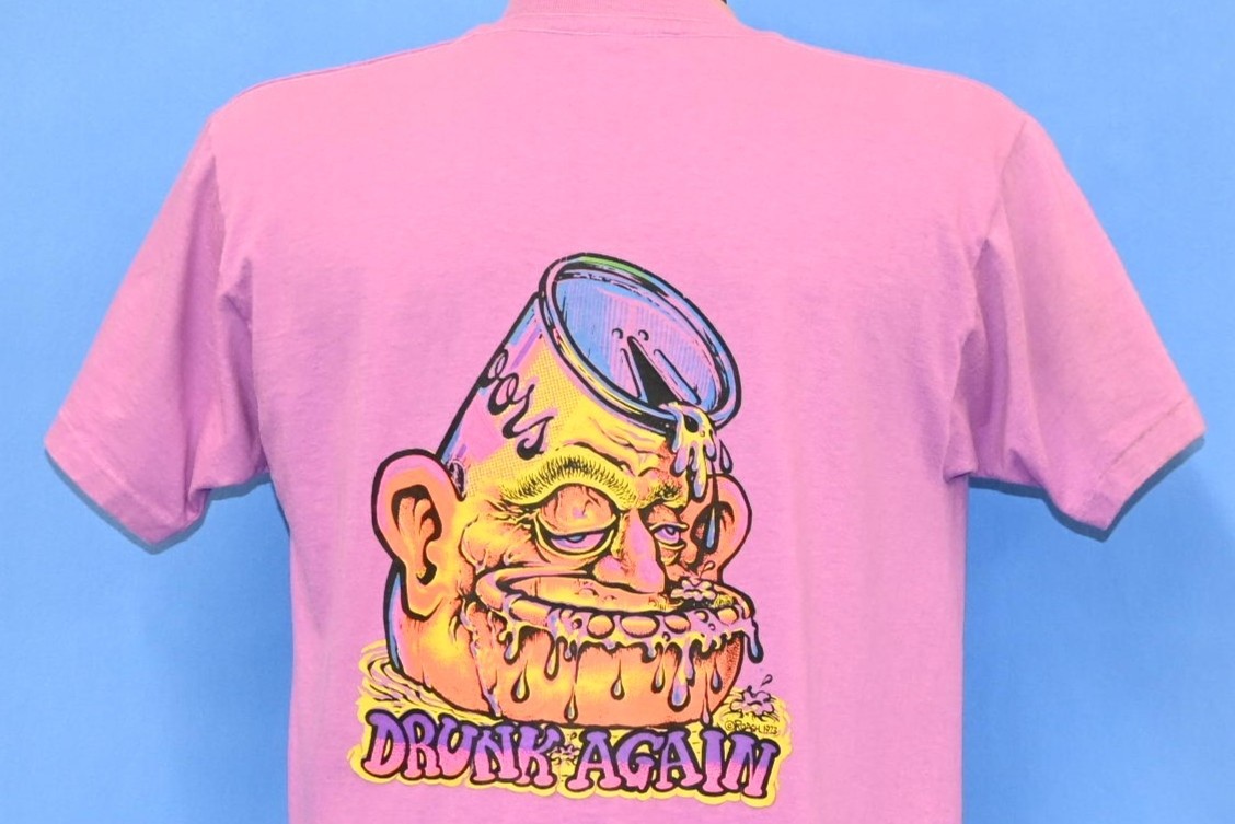 vintage 70s DRUNK AGAIN ROACH IRON ON NEON CARTOON PURPLE t-shirt MEDIUM M
