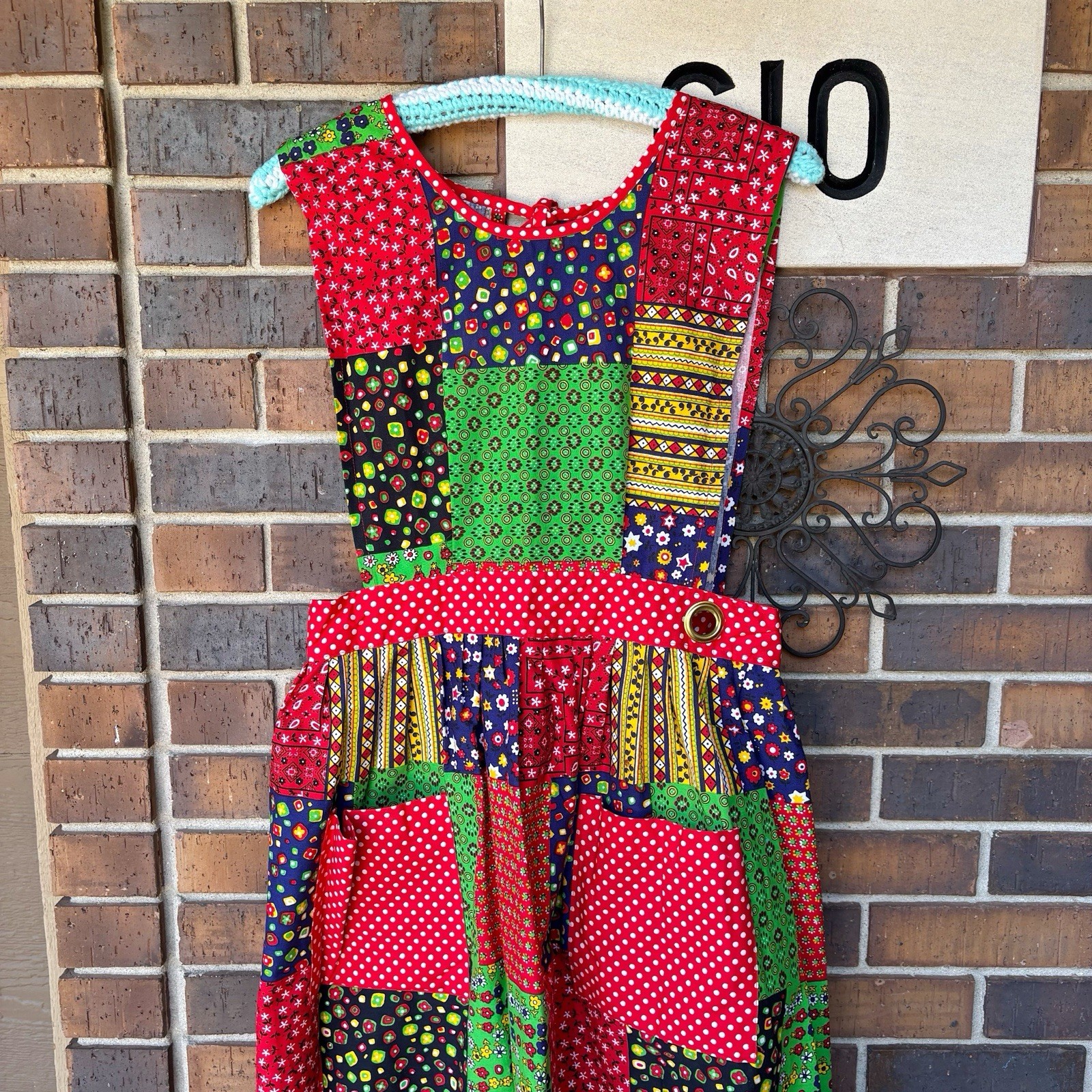 Vintage 1970s Patchwork Apron Smock Wrap maxi dress with pockets and ties S/M