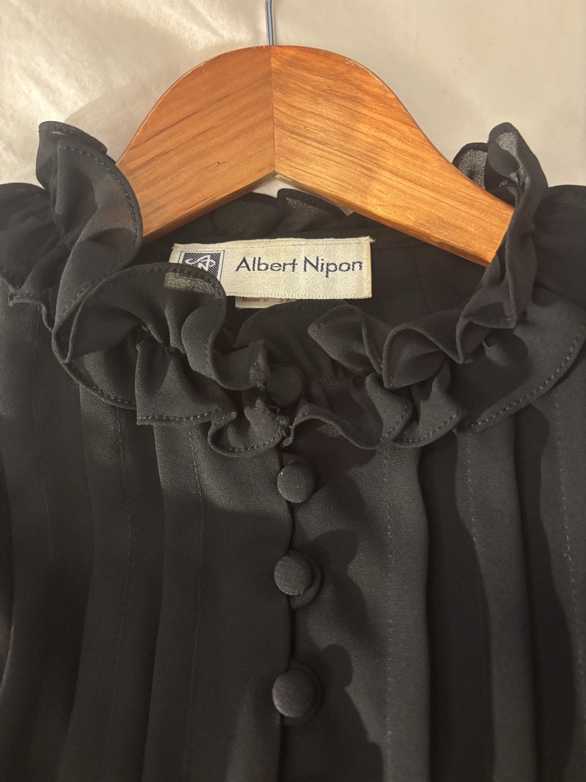 Albert Nipon Vintage 1980s Black Ruffled Pleated Silk Dress ILGWU Made in USA