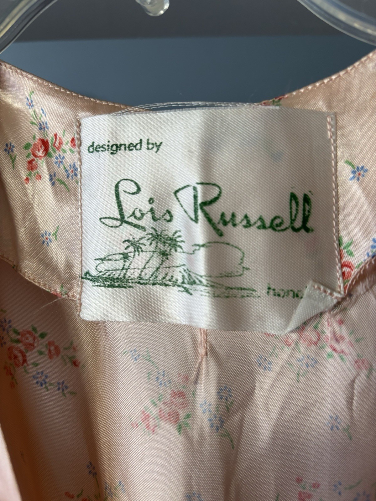 Vintage Designer Long Robe Lois Russell Honolulu Pink Floral Cotton Sateen Belt