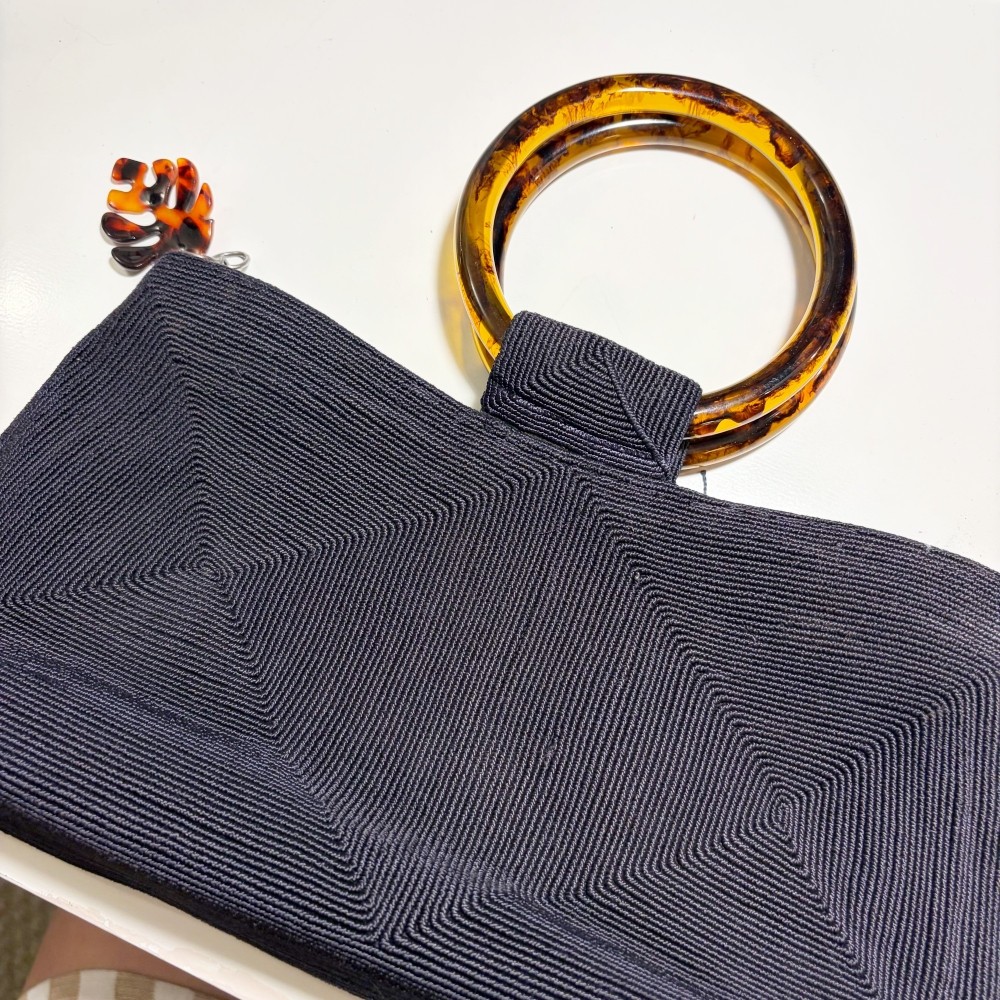 Black Cordé 1940s Vintage Purse with Tortoise Shell Handles