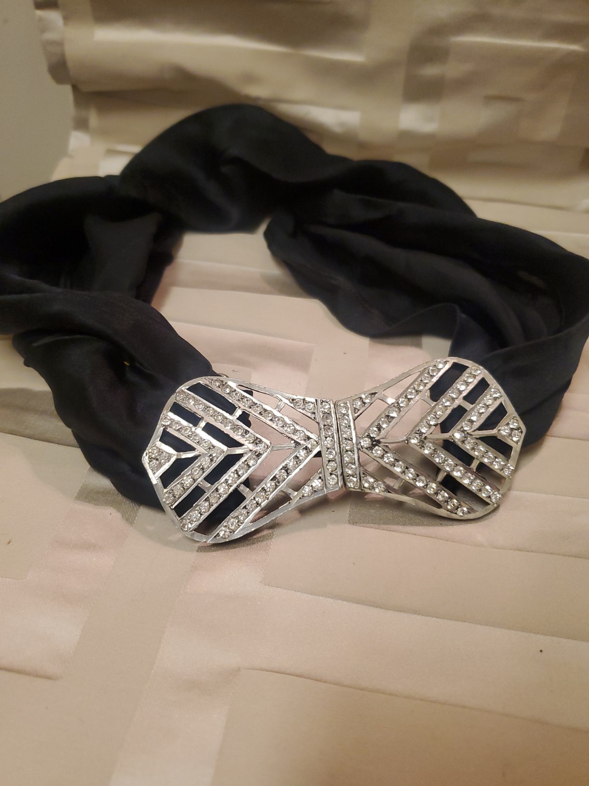 Vintage Antique Silk Black Belt with Metal Rhinestone Clasp