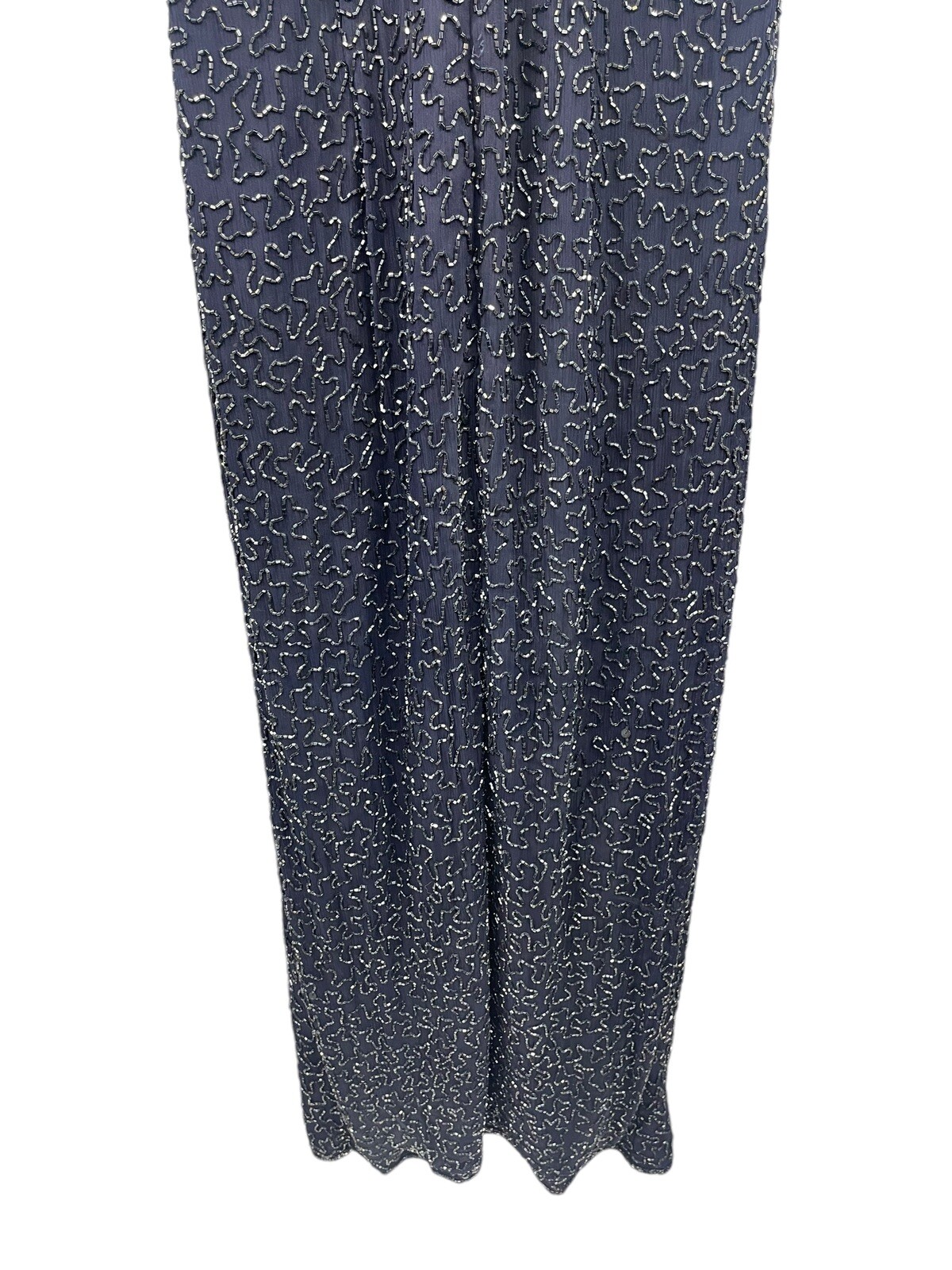Vintage Scala 100% Silk Fully Beaded Gown Prom Dress Navy Blue Cut Out Womens M