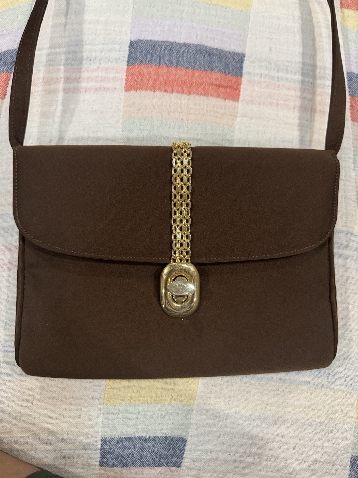 VTG Saks Fifth Avenue Brown Satin Evening Shoulder Bag Gold Chain Clasp Purse