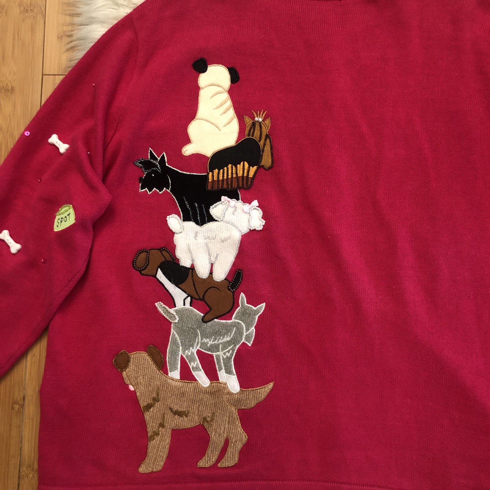 Vintage Berek Dog Show Beaded Embroidered Long Sleeves Fuchsia Sweater size 2X