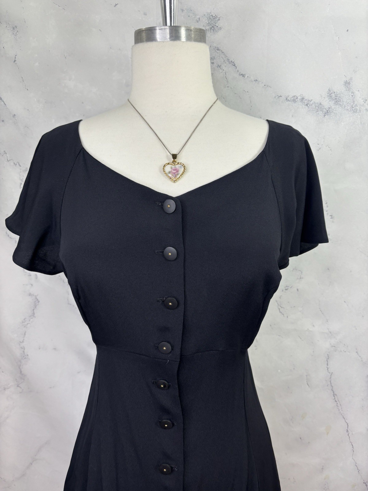 Betsey Johnson 90s USA Dress Sz M Fit Flare Black Punk Goth Emo Button Witchy