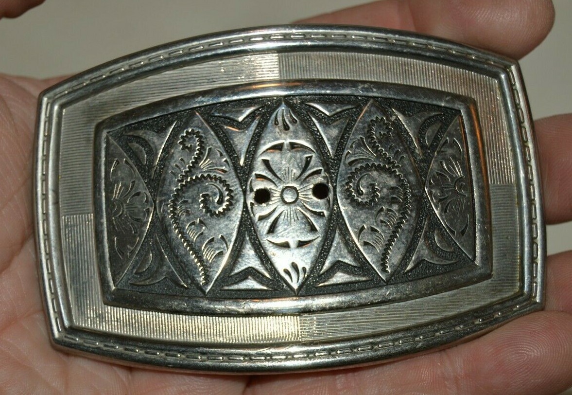 Vintage Chrome Silver & Black Western Cowboy Ranch Belt Buckle Minty